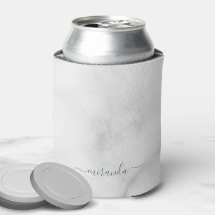 Modern Script Personalized Name White Marble Can Cooler