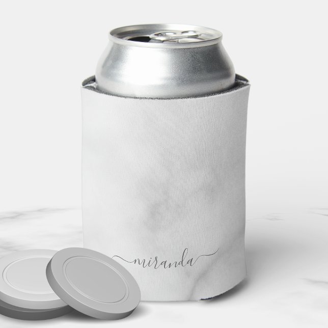 Modern Script Personalized Name White Marble Can Cooler (Creator Uploaded)