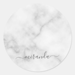 Modern Script Personalized Name White Marble Classic Round Sticker