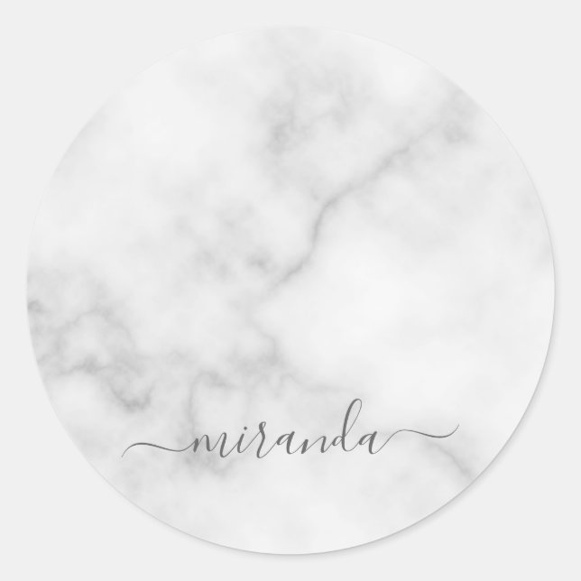 Modern Script Personalized Name White Marble Classic Round Sticker (Front)