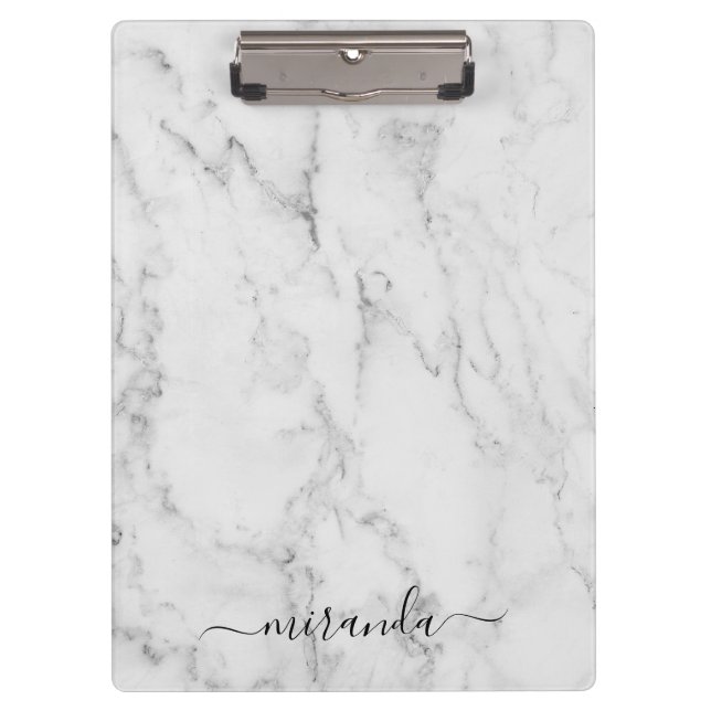 Modern Script Personalized Name White Marble Clipboard (Front)