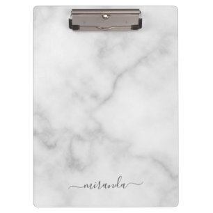 Modern Script Personalized Name White Marble Clipboard