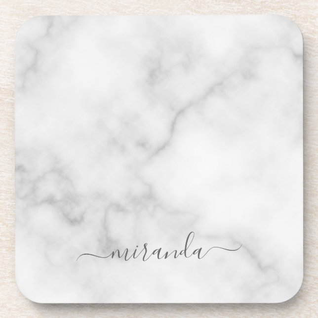 Modern Script Personalized Name White Marble Coaster (Front)