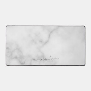 Modern Script Personalized Name White Marble Desk Mat