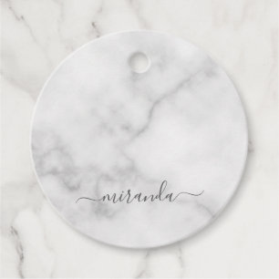 Modern Script Personalized Name White Marble Favour Tags