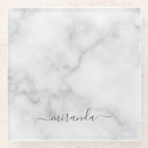 Modern Script Personalized Name White Marble Glass Coaster