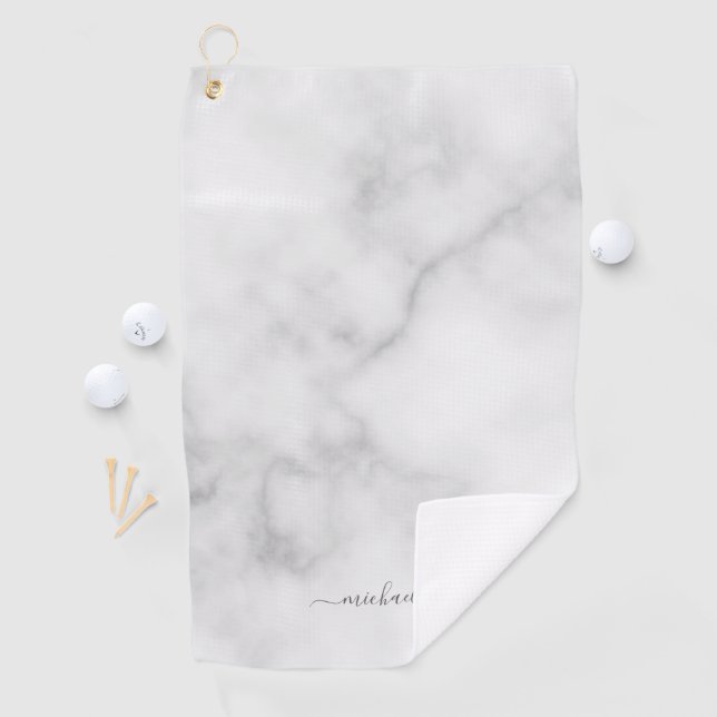 Modern Script Personalized Name White Marble Golf Towel (InSitu)