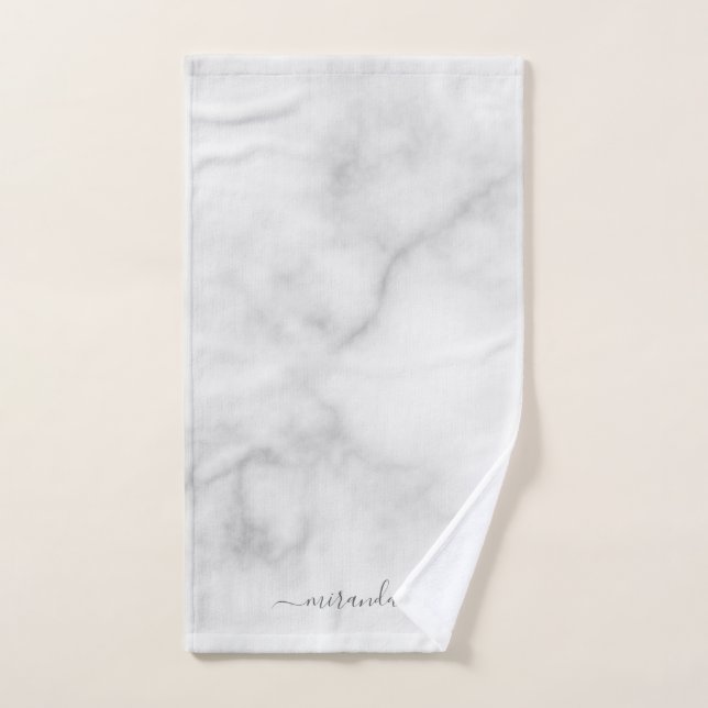 Modern Script Personalized Name White Marble Hand Towel (Hand Towel)