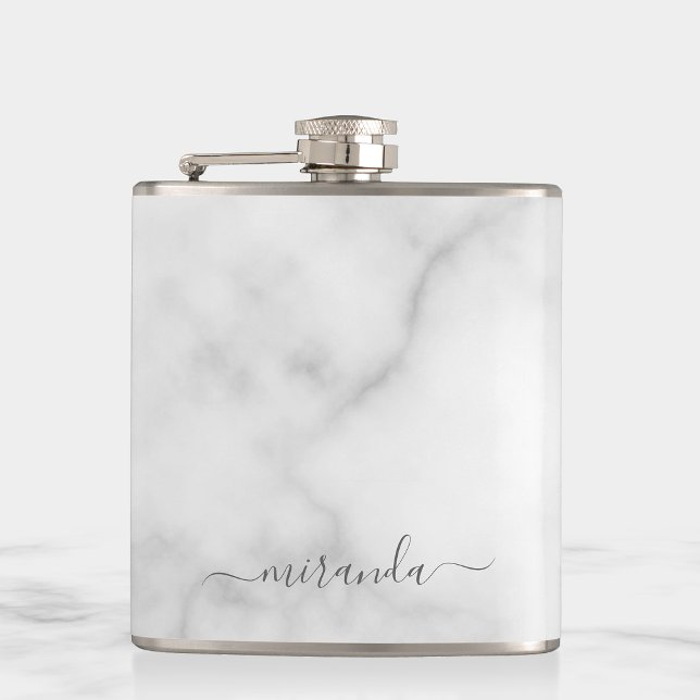 Modern Script Personalized Name White Marble Hip Flask (Creator Uploaded)