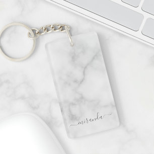 Modern Script Personalized Name White Marble Keychain