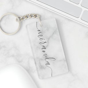 Modern Script Personalized Name White Marble Keychain