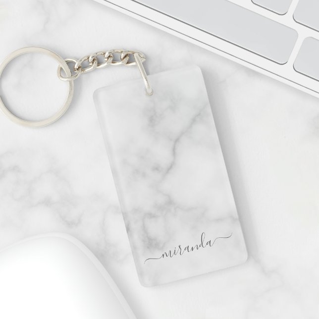 Modern Script Personalized Name White Marble Keychain (Creator Uploaded)