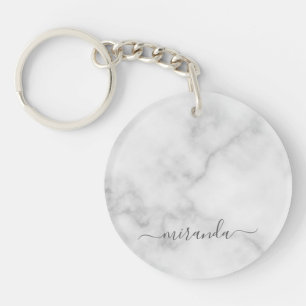 Modern Script Personalized Name White Marble Keychain