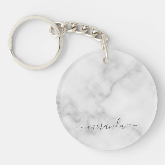 Modern Script Personalized Name White Marble Keychain (Front)