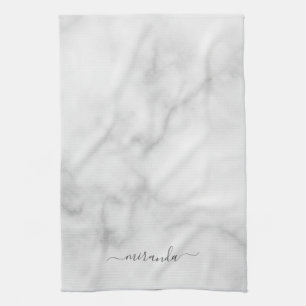 Modern Script Personalized Name White Marble Kitchen Towel
