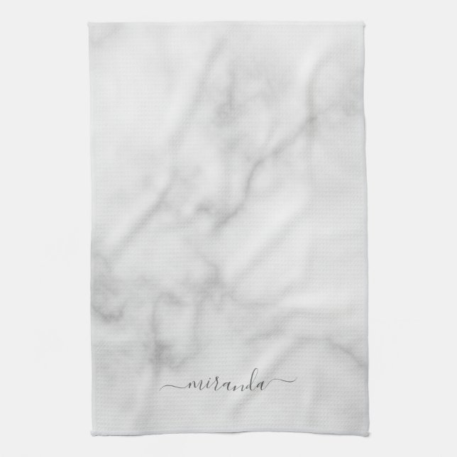Modern Script Personalized Name White Marble Kitchen Towel (Vertical)