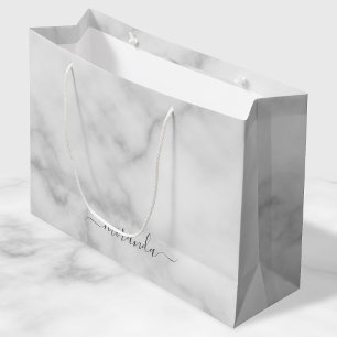 Modern Script Personalized Name White Marble Large Gift Bag