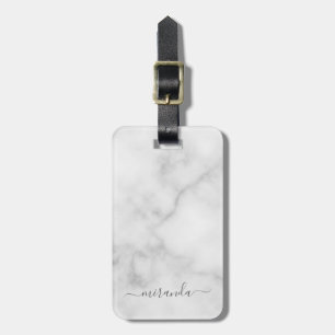 Modern Script Personalized Name White Marble Luggage Tag