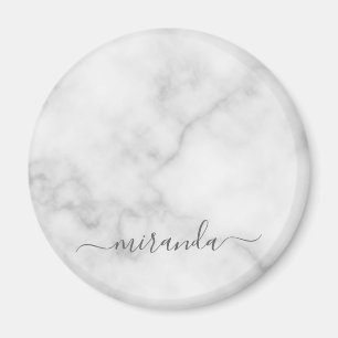 Modern Script Personalized Name White Marble Magnet