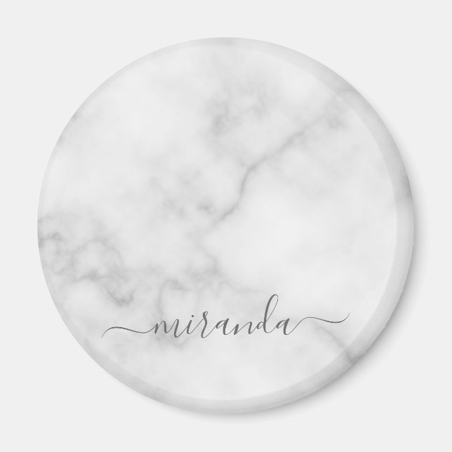 Modern Script Personalized Name White Marble Magnet (Front)