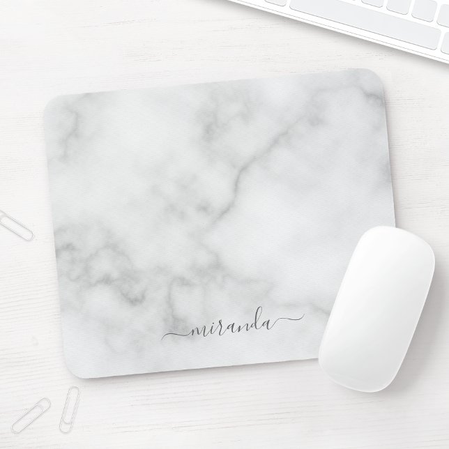 Modern Script Personalized Name White Marble Mouse Pad (Creator Uploaded)