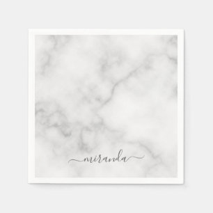 Modern Script Personalized Name White Marble Napkin