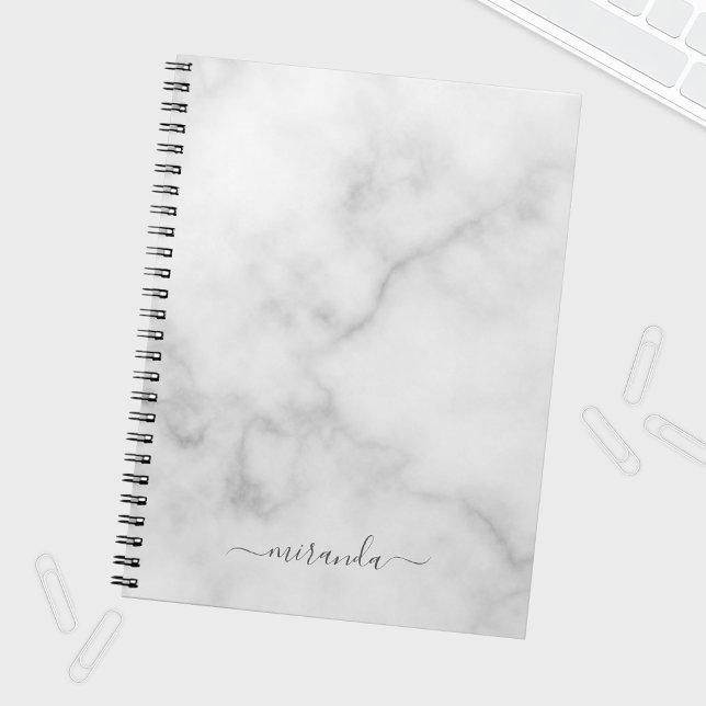 Modern Script Personalized Name White Marble Notebook (Creator Uploaded)
