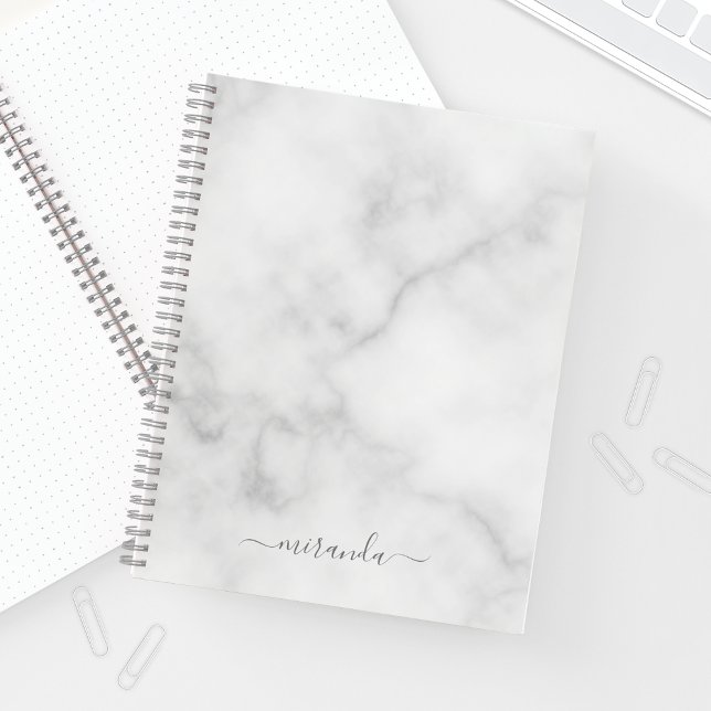 Modern Script Personalized Name White Marble Notebook (Creator Uploaded)