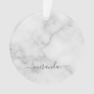 Modern Script Personalized Name White Marble Ornament