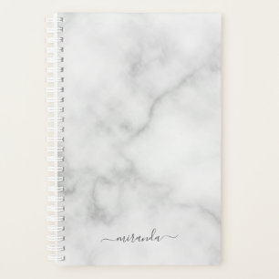 Modern Script Personalized Name White Marble Planner