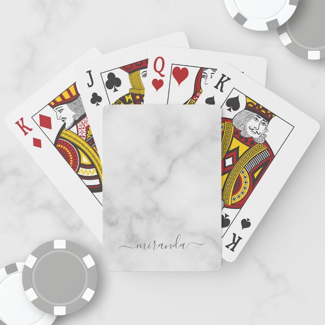 Modern Script Personalized Name White Marble Playing Cards (Creator Uploaded)