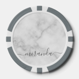 Modern Script Personalized Name White Marble Poker Chips