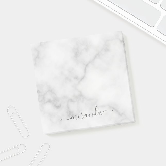 Modern Script Personalized Name White Marble Post-it Notes (Creator Uploaded)