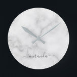 Modern Script Personalized Name White Marble Round Clock<br><div class="desc">Modern Script Personalized Name White Marble Gift
featuring personalized name in grey modern script font style on white marble background.

Perfect as holiday gift for her,  housewarming gift and gift for any special occasions.</div>