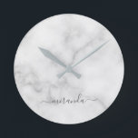 Modern Script Personalized Name White Marble Round Clock<br><div class="desc">Modern Script Personalized Name White Marble Gift
featuring personalized name in grey modern script font style on white marble background.

Perfect as holiday gift for her,  housewarming gift and gift for any special occasions.</div>