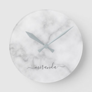 Modern Script Personalized Name White Marble Round Clock