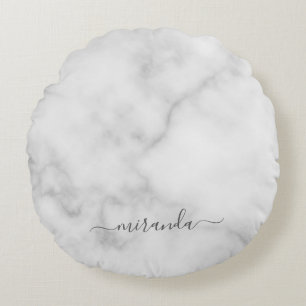 Modern Script Personalized Name White Marble Round Pillow