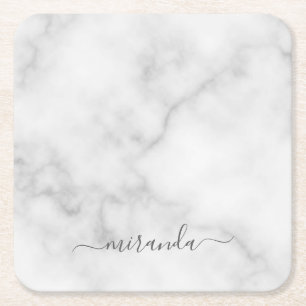 Modern Script Personalized Name White Marble Square Paper Coaster