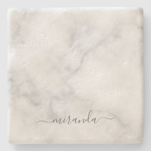 Modern Script Personalized Name White Marble Stone Coaster