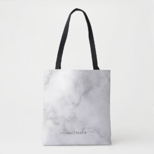 Modern Script Personalized Name White Marble Tote Bag