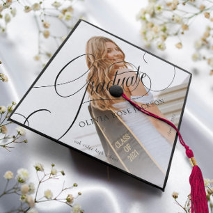 Modern Script Personalized Photo Graduation Cap Topper