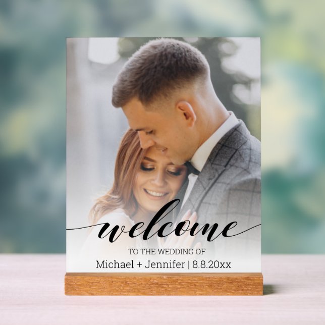 modern script personalized photo wedding welcome  acrylic sign (Neutral)