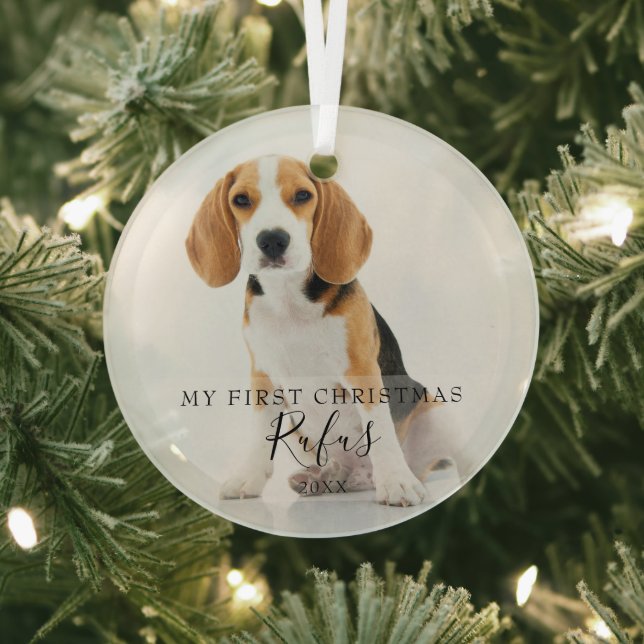 Modern Script Pet Name My First Christmas Photo Glass Ornament (Insitu)
