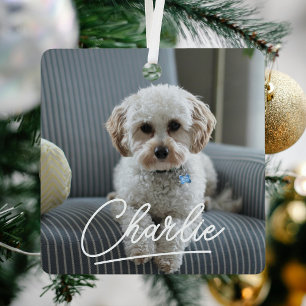 Modern Script Pet Photo Christmas Metal Ornament