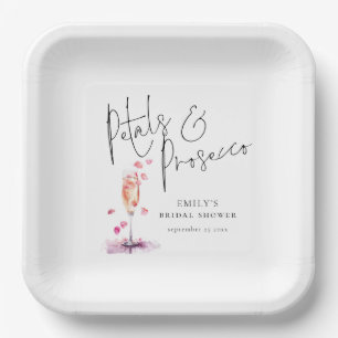 Modern Script Petals and Prosecco Bridal Shower Paper Plate