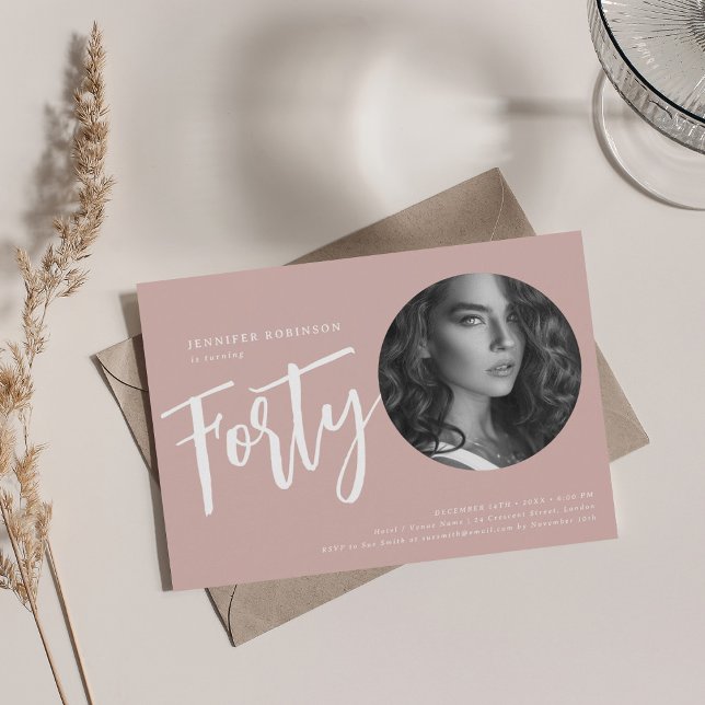 Modern Script Photo 40th Birthday Dusty Rose Pink Invitation (Modern Script Photo 40th Birthday Dusty Rose Pink Invitation)