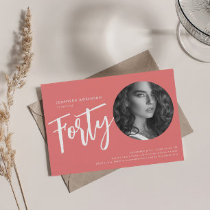 Modern Script Photo 40th Birthday Party Coral  Invitation