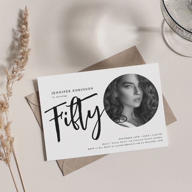 Modern Script Photo 50th Birthday Black & White Invitation (Modern Script Photo 50th Birthday Black & White Invitation)