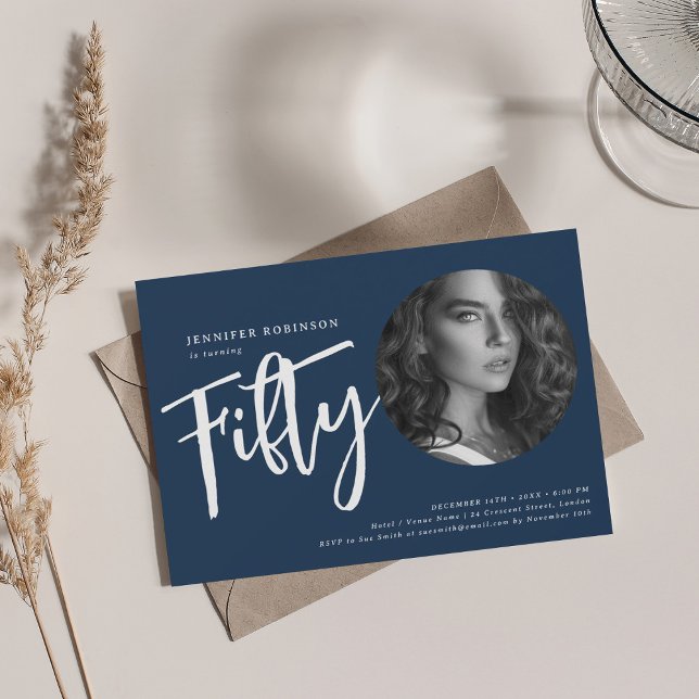 Modern Script Photo 50th Birthday Party Navy Blue  Invitation (Modern Script Photo 50th Birthday Party Navy Blue Invitation)