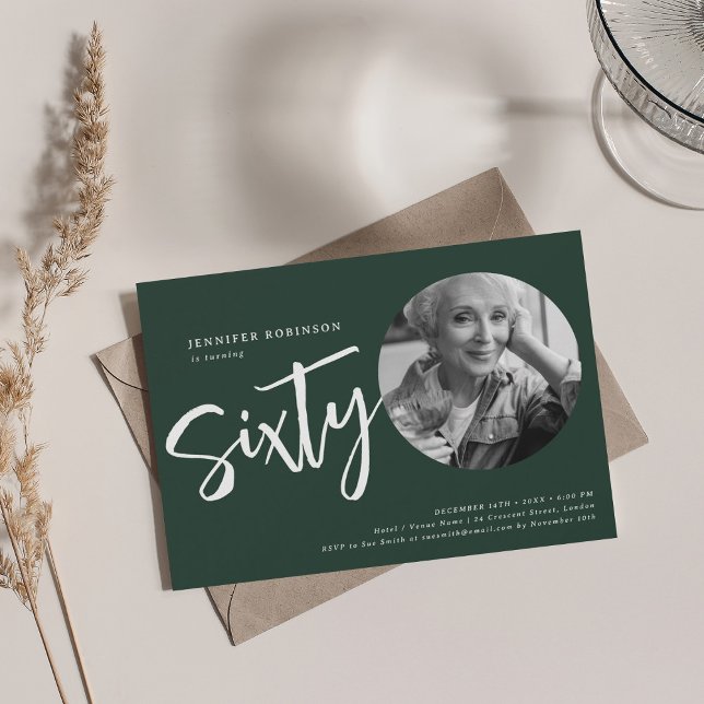 Modern Script Photo 60th Birthday Party Emerald  Invitation (Modern Script Photo 60th Birthday Party Emerald Invitation)